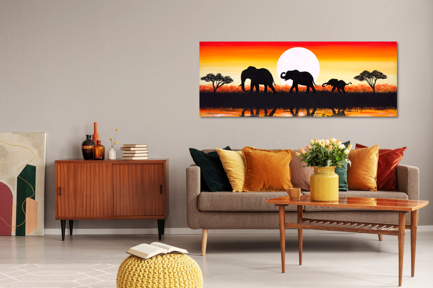 CUADRO PINTADO "FAMILIA DE ELEFANTES" 130X50CM