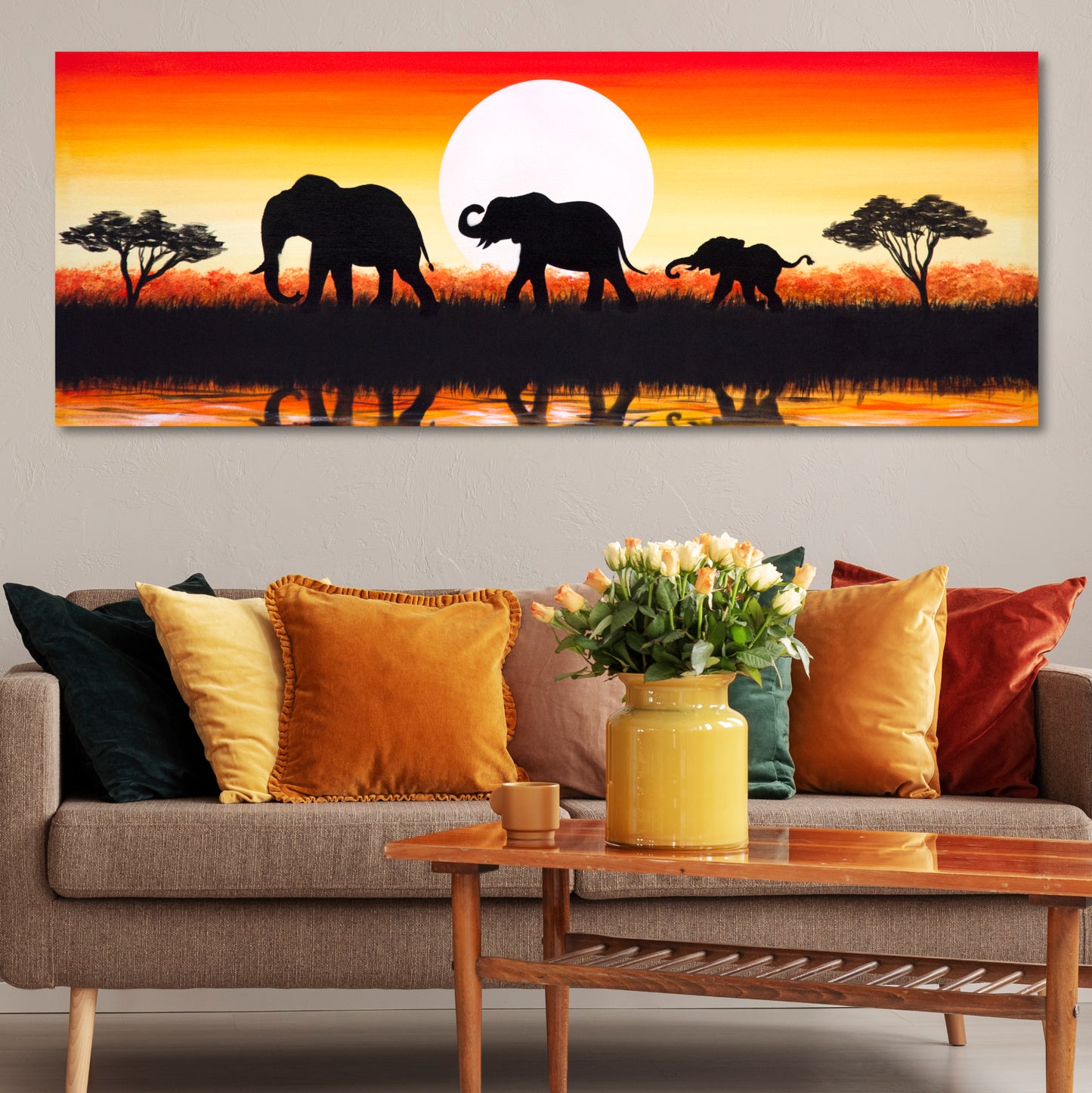 CUADRO PINTADO "FAMILIA DE ELEFANTES" 130X50CM
