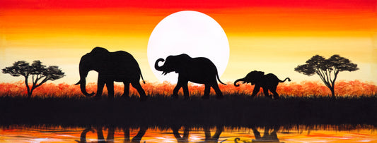 CUADRO PINTADO "FAMILIA DE ELEFANTES" 130X50CM