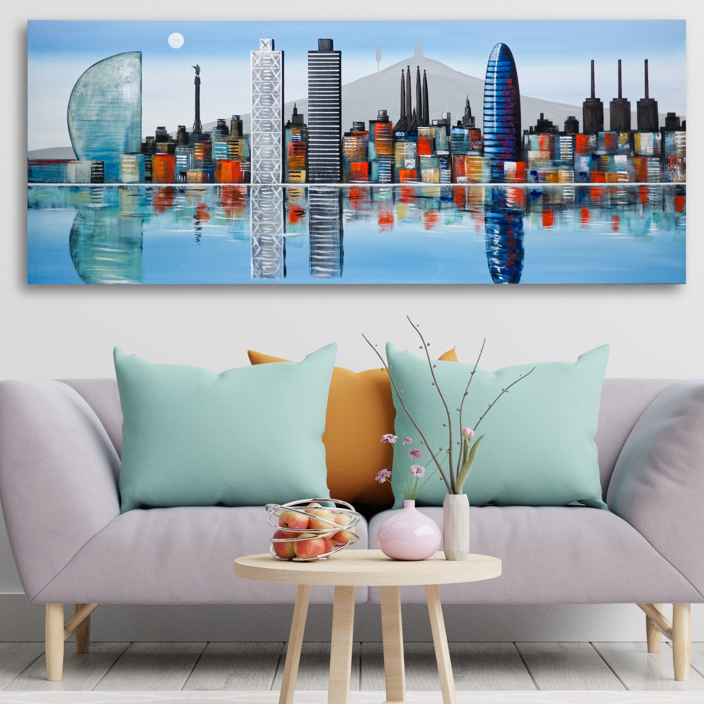CUADRO PINTADO "SKYLINE DE BARCELONA" CELESTE 150X60CM