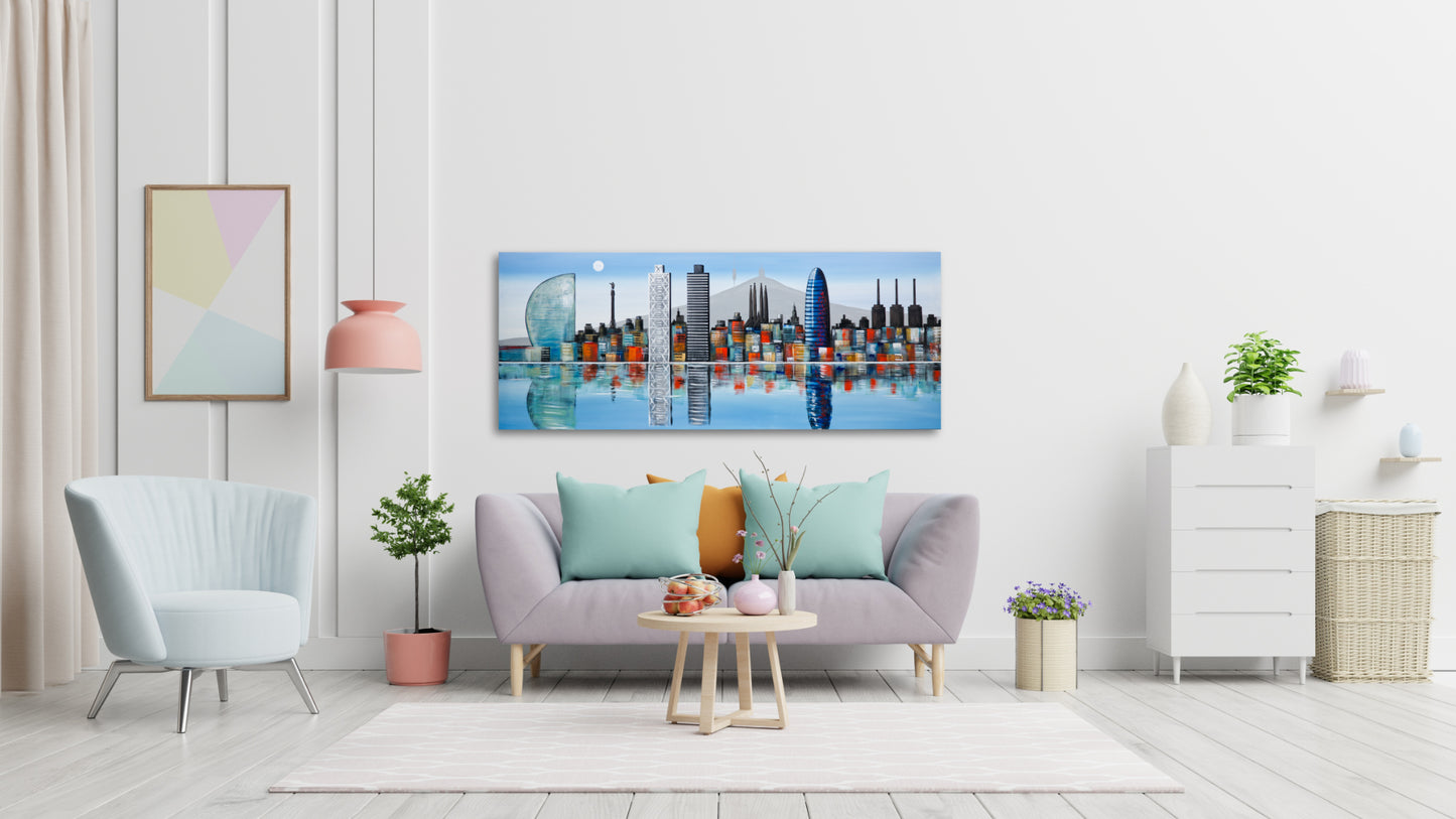 CUADRO PINTADO "SKYLINE DE BARCELONA" CELESTE 150X60CM