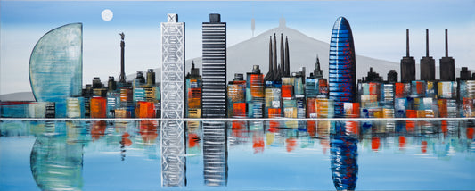 CUADRO PINTADO "SKYLINE DE BARCELONA" CELESTE 150X60CM